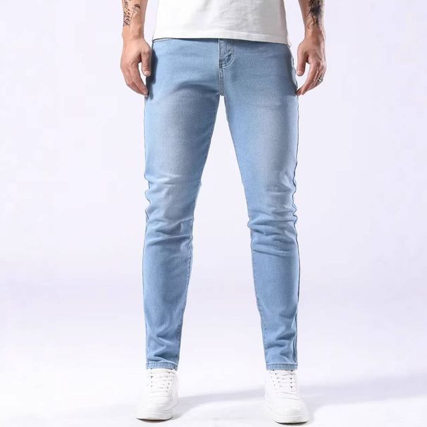 Men's Slim Fit Stretch Denim Jeans Light Blue Skinny Midweight Polyester Jeans Simple Design Mid Waist_mkmklike.com