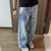 Small Niche Crack Design Washed Light Blue Jeans For Men, American Trend Casual Versatile Loose Straight Leg Pants_mkmklike.com
