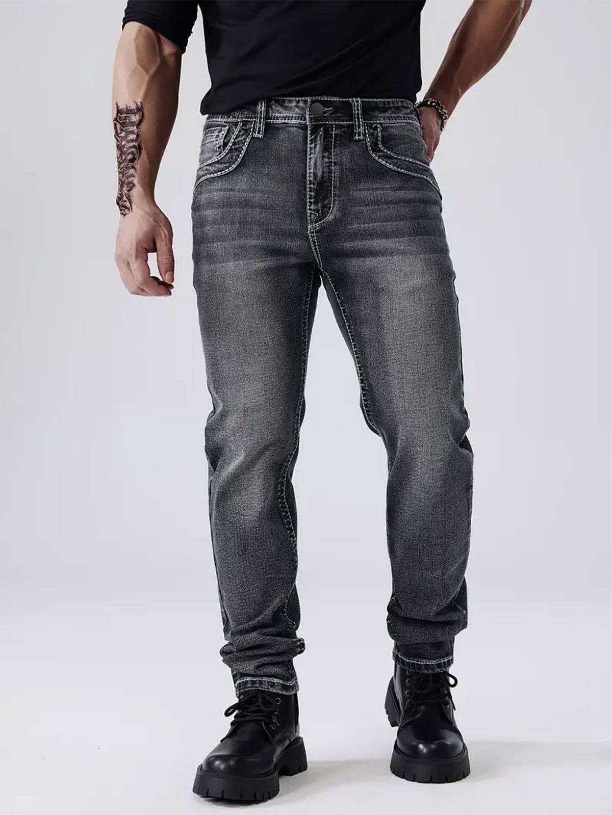 Men's Stretch Jeans - Slim Fit, Comfortable & Stylish For Cycling & Streetwear (S-2XL, Black-Grey)_mkmklike.com