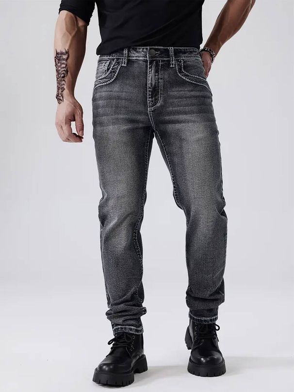 Men's Stretch Jeans - Slim Fit, Comfortable & Stylish For Cycling & Streetwear (S-2XL, Black-Grey)_mkmklike.com
