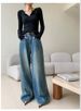 High Waist Blue Washed Jeans For Women – Relaxed Straight Leg Denim Pants (90s Vintage, Oversized Fit, Cotton-Blend, S-XL, Long Length)_mkmklike.com