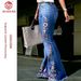High-Waisted Retro Dark Blue Embroidered Flared Jeans Floor-Length Pants All Seasons Women's Cross-Border Style_mkmklike.com