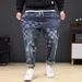 Large Size Men's Checkerboard Elastic Jeans Men's Trendy Brand Multi-functional Drawstring Jeans Men's Small Straight Pants_mkmklike.com