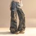 Street Style Design Graffiti Multi-Pocket Blue Wide-Leg Jeans Unisex Retro Washed Straight Work Pants_mkmklike.com