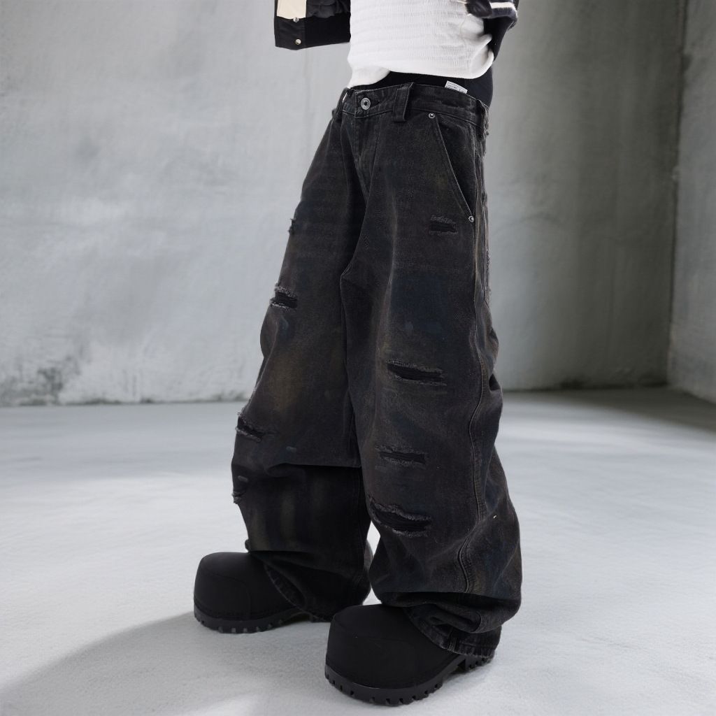 Vintage Washed Moss Green Straight-Leg Jeans – American Streetwear Distressed Denim With Hand-Painted Details (Relaxed Fit, Low Waist, No Stretch)_mkmklike.com