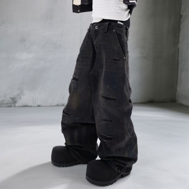 Vintage Washed Moss Green Straight-Leg Jeans – American Streetwear Distressed Denim With Hand-Painted Details (Relaxed Fit, Low Waist, No Stretch)_mkmklike.com