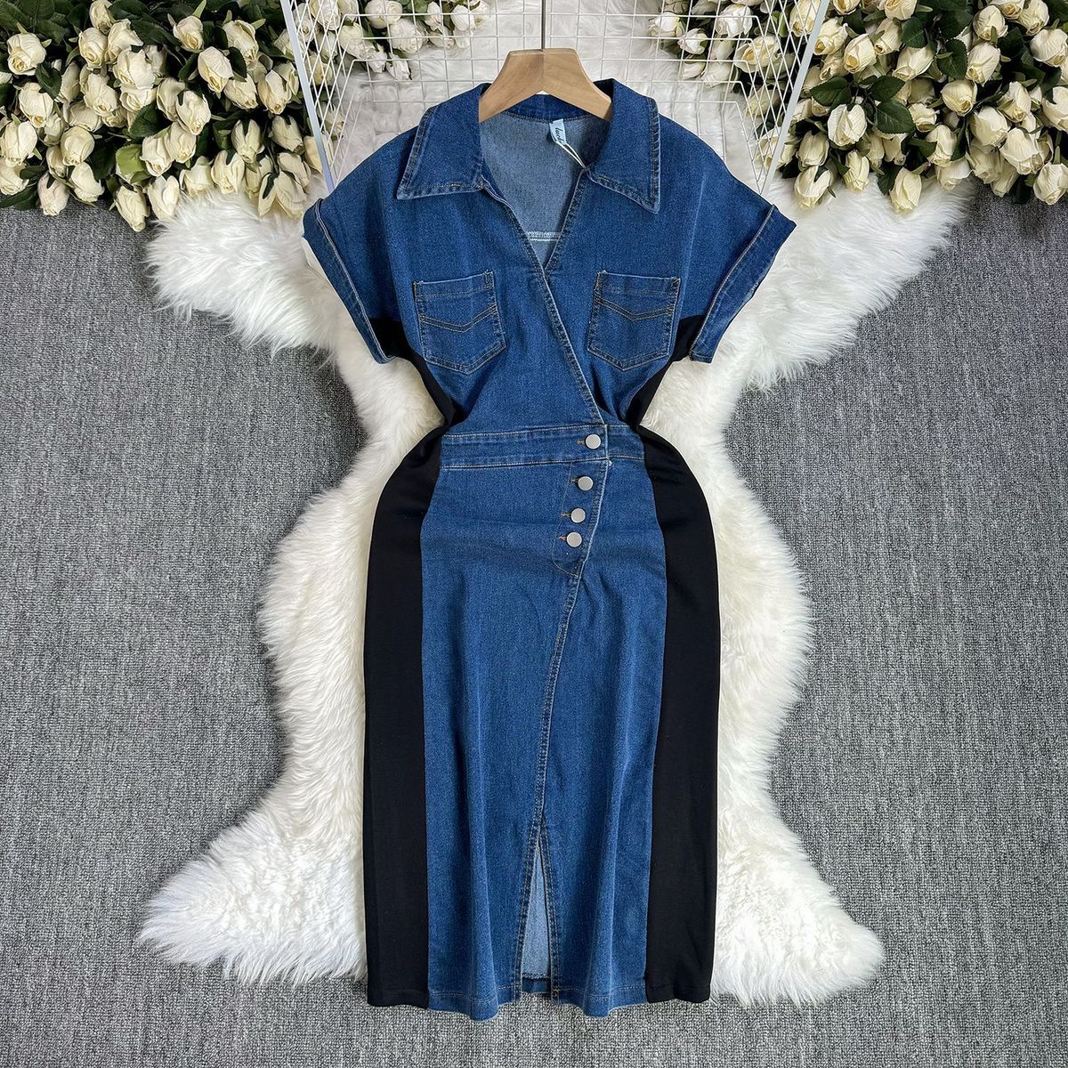 Women’s Clothing French High End Temperament Hip Wrapped Slit Skirt Summer Design Contrast Color Waist Button Decoration Denim Dress_mkmklike.com