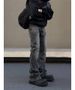 Men's Versatile Washed Black Jeans Straight Leg Slim Fit Stretchy Slightly Flared Mid Waist American High Street Style Casual_mkmklike.com
