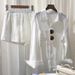 Women's Clothing White shirt linen suit loose large size cotton and linen shorts high-end texture long-sleeved shirt two-piece suit_mkmklike.com