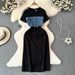 Women's Clothing Slimming Short Sleeved Denim Patchwork Dress Coffee Break Waisted Fashionable Mid Length Round Neck Age Reducing T Shirt Dress_mkmklike.com