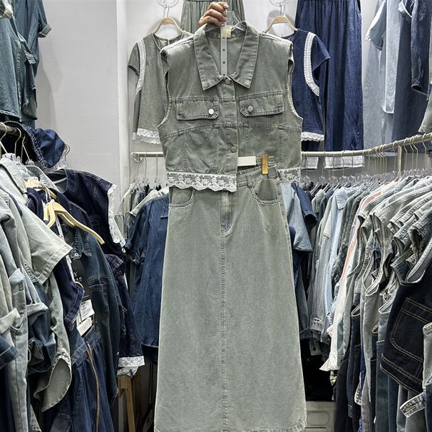 Women's Clothing Summer New Fashion Lace Splicing Sleeveless Denim Short Top Jacket Skirt Two Piece Set_mkmklike.com
