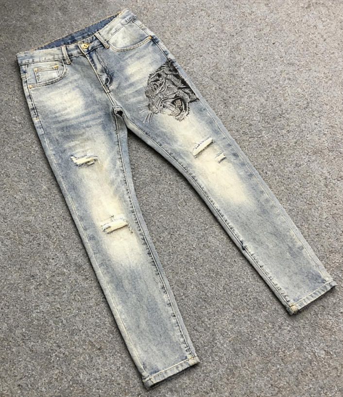 Men's Color-Shifting Tiger Jeans - Rhinestone Distressed Denim (European Luxury Edition)_mkmklike.com