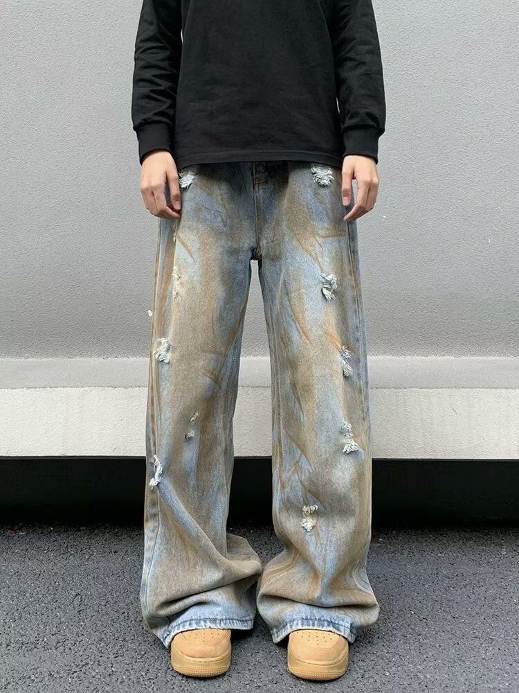 Retro Washed Distressed Wide-leg Jeans For Men, Loose Straight Leg, Casual And Versatile, Vibe Drape Trousers_mkmklike.com