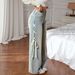 Women's Clothing Women's Peacock Blue Wide Leg Jeans - High Waist Relaxed Fit With Side Ribbon Detail_mkmklike.com