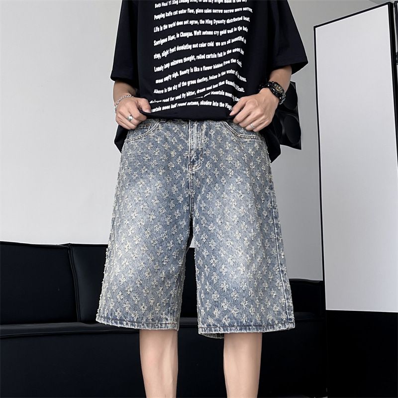 Men's Loose-Fit Denim Shorts American Streetwear Style Jacquard Design Summer Casual Short Pants for Teens And Adults_mkmklike.com