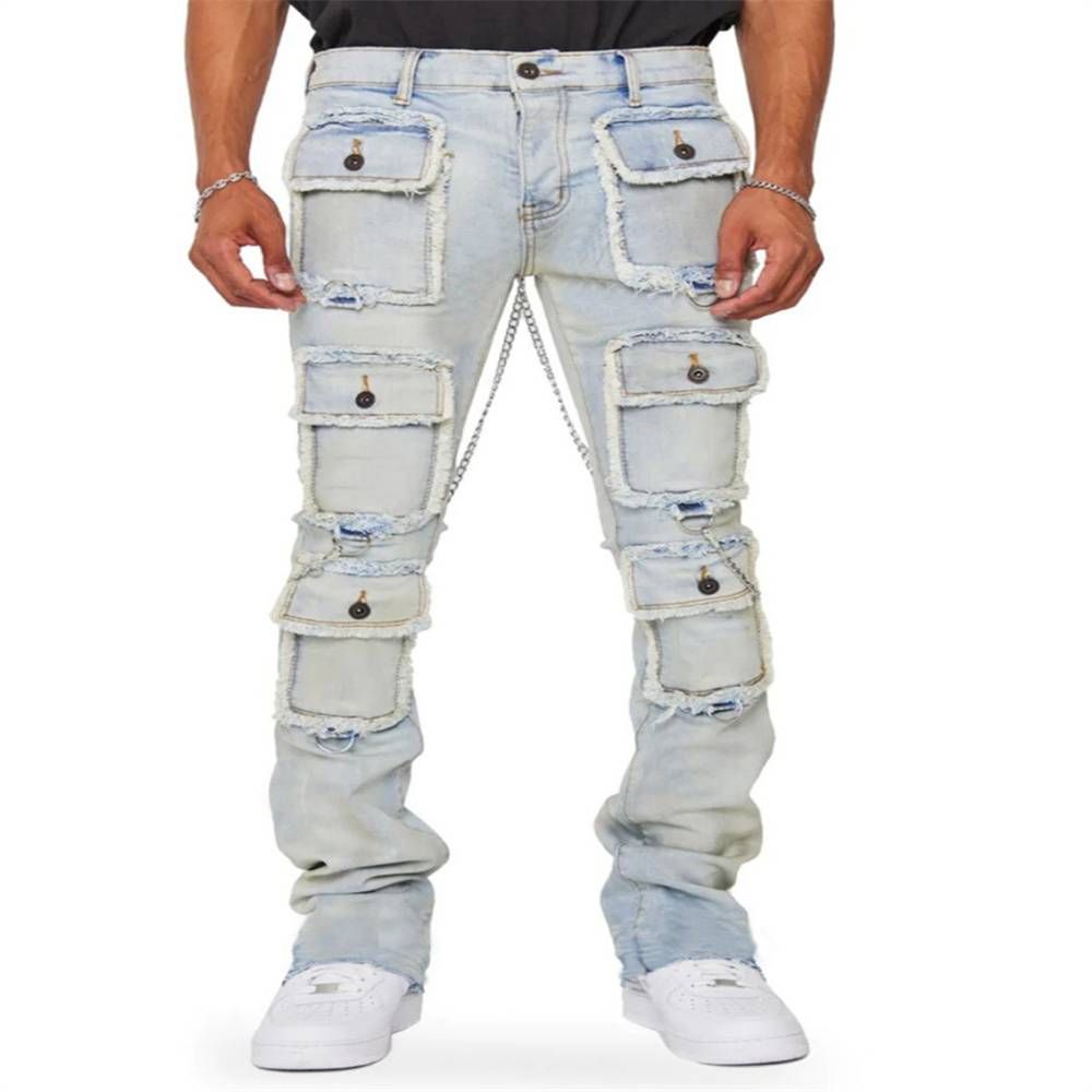 New Product 2025 European-Amecian Fashion Cargo Jeans Men's Cotton High Waist Elastic Straight Leg Workwear Denim Pants_mkmklike.com