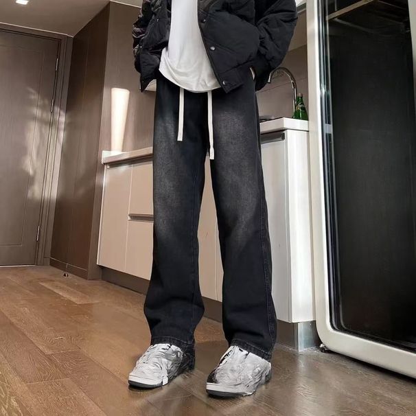 Men's Clothing Loose Fitting Straight Leg Trousers Men's Relaxed Fit Straight-Leg Jeans – Black Washed Denim With Drawstring Waist (S-3XL)_mkmklike.com