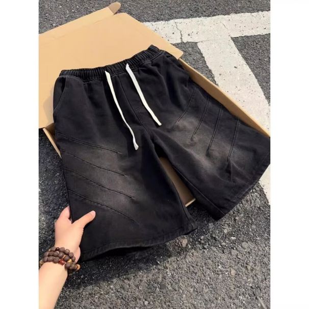 Men's Washed Pleated Denim Shorts Summer Outerwear Shark Gill Drawstring Five Point Casual Mid-Length Pants_mkmklike.com