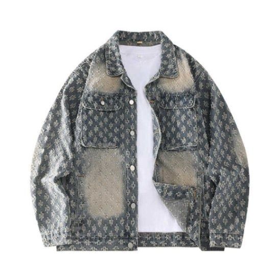 Men's Clothing Fashion Brand Retro Washed Distressed Jacquard Denim Jacket Loose Casual Versatile Full Print Couple Jacket_mkmklike.com