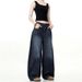 Dark Blue Washed Casual Versatile Distressed Straight-leg Jeans For Women, Trendy Brand, Loose Fit, Plus Size, Wide-leg,_mkmklike.com