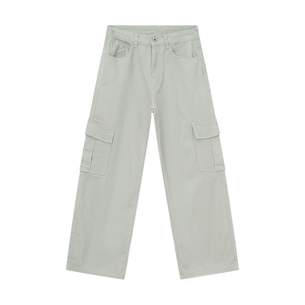 EF JEANS | 2024 New American Solid Color Large Pocket Overalls Light Grey Casual Loose Straight Jeans_mkmklike.com