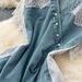 Women's Clothing Light Mature Style Niche Retro V Neck Lace Splicing Short Sleeved Waist Denim Dress Female Summer Slim Slit Long Skirt_mkmklike.com