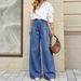 Korean Style High Waisted Wide Leg Jeans Pleated Slimming Washed Blue Casual Floor Length Women's Denim_mkmklike.com