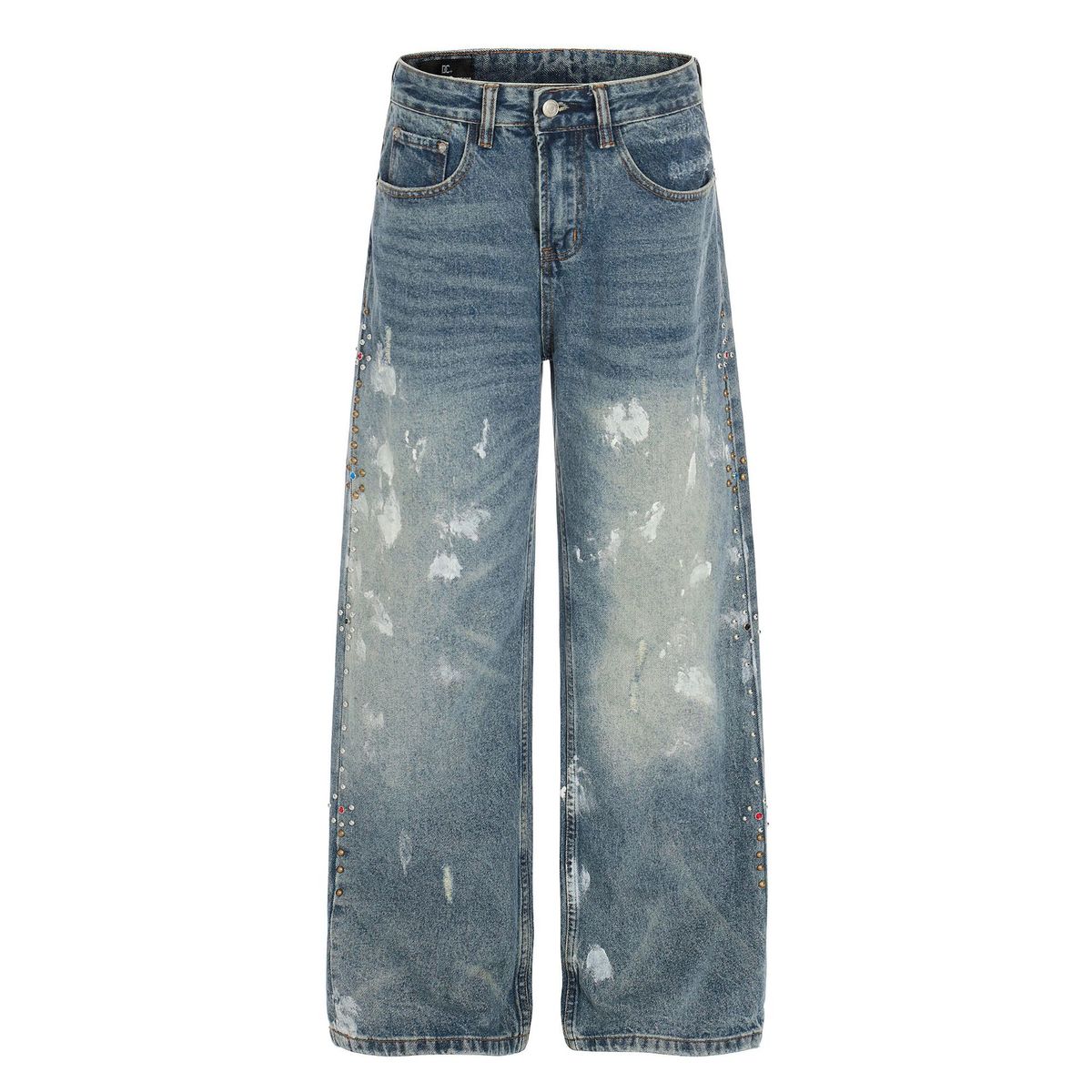 Men's Distressed High-Street Blue Jeans Raw Hem Paint Splatter Washed Denim Non-Stretch Cotton Blend S-XL_mkmklike.com