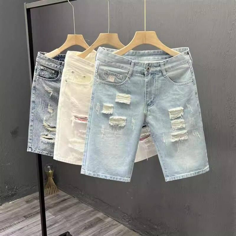 Light Blue Ripped Denim Shorts for Men Trendy Slim Fit Mid-Length Summer Trend Youth Pants_mkmklike.com