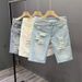 Light Blue Ripped Denim Shorts for Men Trendy Slim Fit Mid-Length Summer Trend Youth Pants_mkmklike.com