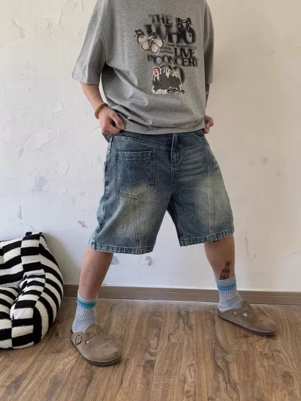 Unisex Casual High End Heavyweight Washed Denim Shorts Mid Length With Front Back Patchwork Design Retro Wide Leg Five Point Shorts_mkmklike.com
