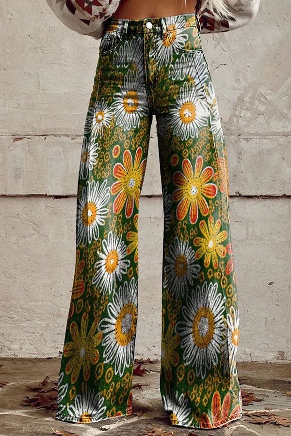 Trendy Plus Size Women's Printed Flare Pants - Stretch Denim-Like Wide Leg Trousers With 3D Patterns, Comfortable & Stylish Casual Wear_mkmklike.com