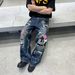 Men's High-Street Jeans – Oversized Straight-Leg Denim Pants With Leather Cross Embroidery & Hand-Painted Details – Vintage Low-Rise Wide-Leg Trousers_mkmklike.com