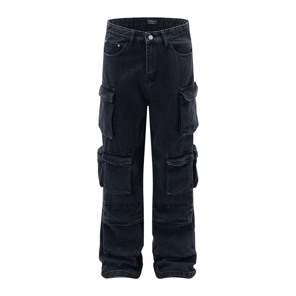 Design Multi-Pocket Cargo Jeans Trendy Men's Fashion Vibe Punk Functional 3D Patch Pocket Wide-Leg Straight Pants_mkmklike.com