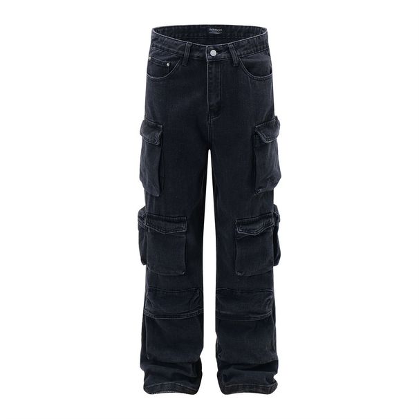Design Multi-Pocket Cargo Jeans Trendy Men's Fashion Vibe Punk Functional 3D Patch Pocket Wide-Leg Straight Pants_mkmklike.com