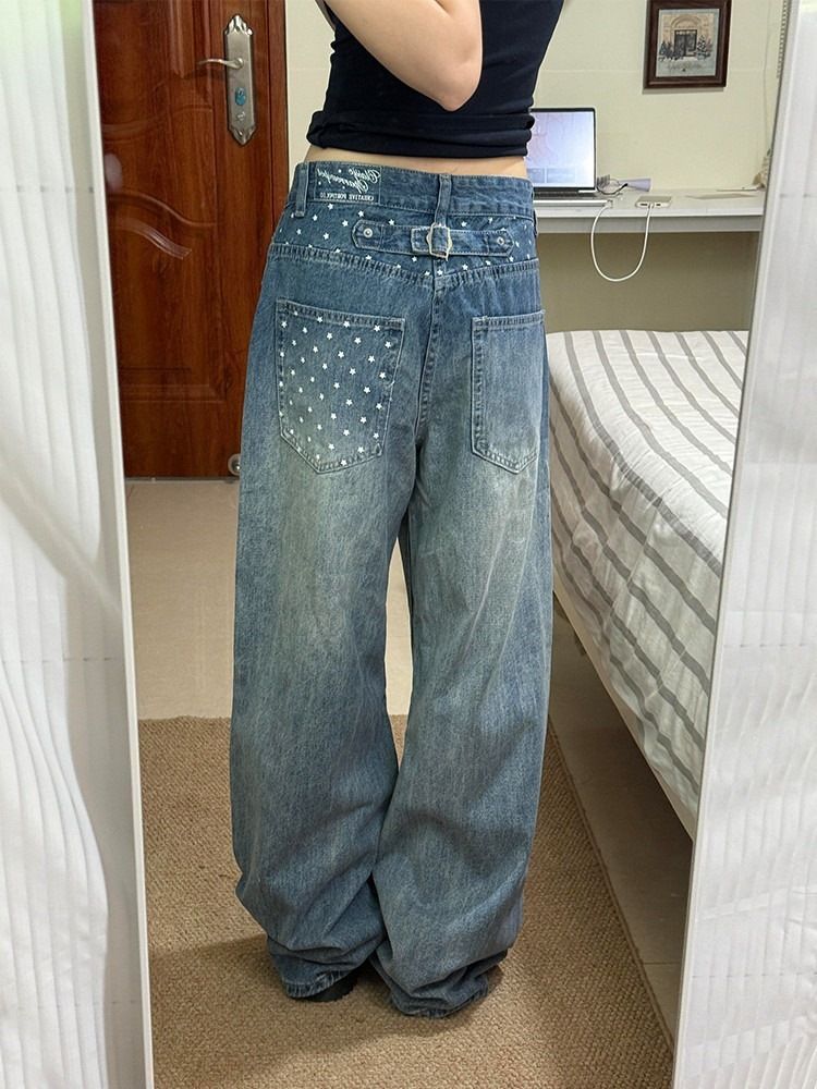 Women's Clothing Star Print Loose Straight Leg Denim Trousers For Women Washed Effect_mkmklike.com