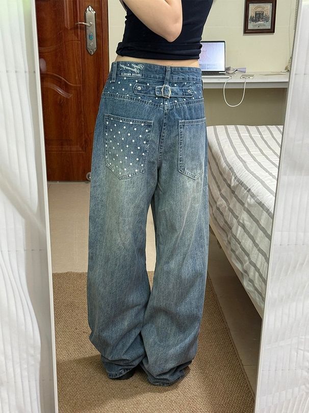 Women's Clothing Star Print Loose Straight Leg Denim Trousers For Women Washed Effect_mkmklike.com