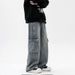 Men's Retro Blue Cargo Jeans High Street Style Loose Wide Leg Straight Leg Pants Multiple Pockets Casual Autumn Winter_mkmklike.com