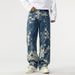 Men's Autumn Mosaic Plaid Check Jeans, American High Street Loose Straight Wide Leg Trendy Personality Denim Pants_mkmklike.com