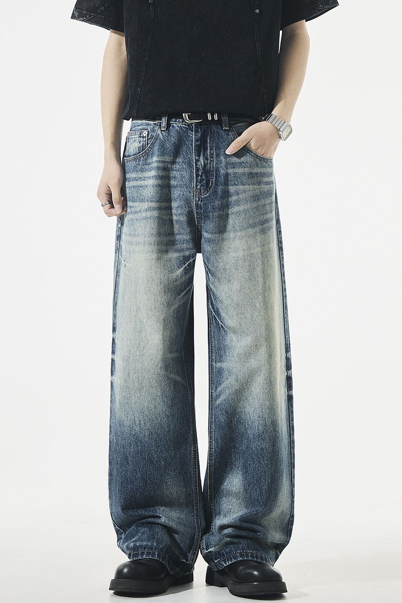 Xintang Men's Loose Straight Leg Jeans High Waist Retro Whiskered Washed Style A-Line Pants New Fashion High Street_mkmklike.com