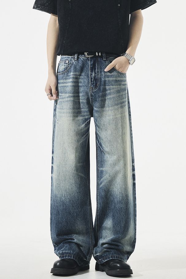 Xintang Men's Loose Straight Leg Jeans High Waist Retro Whiskered Washed Style A-Line Pants New Fashion High Street_mkmklike.com
