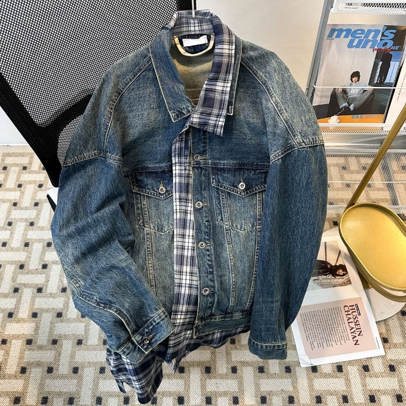 Men's Clothing Plaid Irregular Splicing Two Piece Design Denim Loose Jacket Brand Top Clothes_mkmklike.com