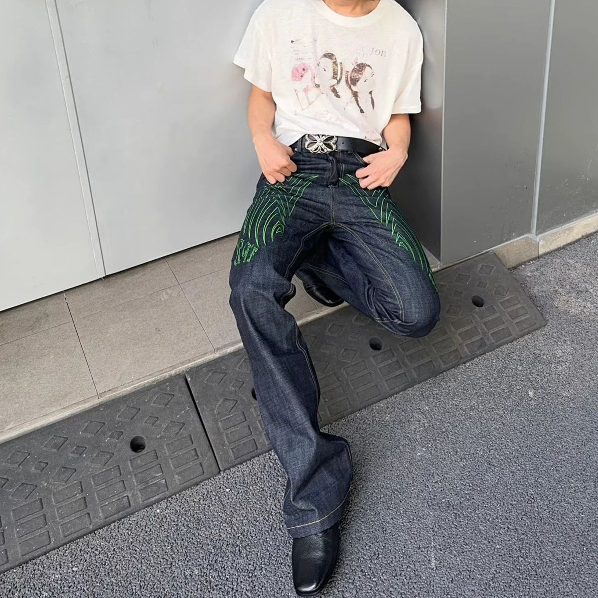 Y2K Flared Jeans For Unisex, Raw Black, Neon Green Geometric Wing Patch, Stacked, Breathable Summer_mkmklike.com