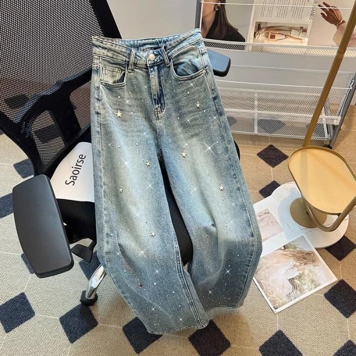 Women's Clothing Diamond Star Pendant Design High Waist Spring Washed Jeans For Women Loose Slim All Match Straight Pants_mkmklike.com
