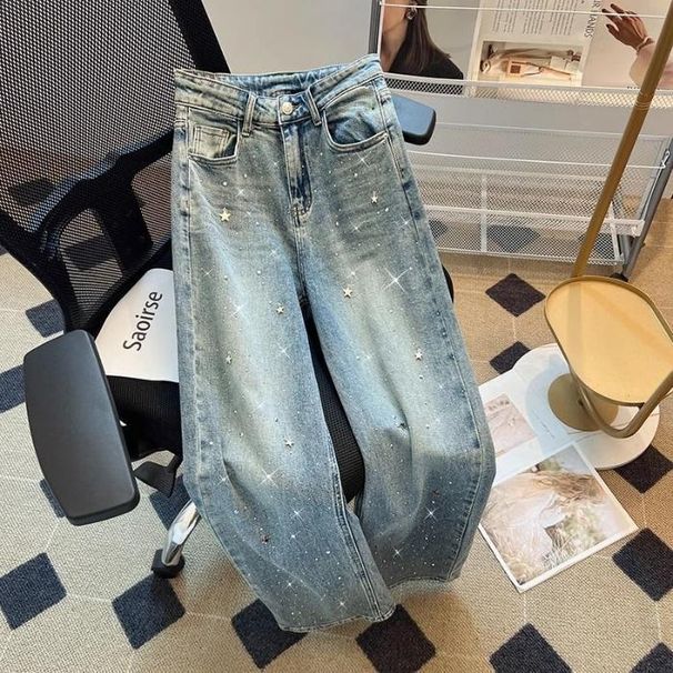 Women's Clothing Diamond Star Pendant Design High Waist Spring Washed Jeans For Women Loose Slim All Match Straight Pants_mkmklike.com