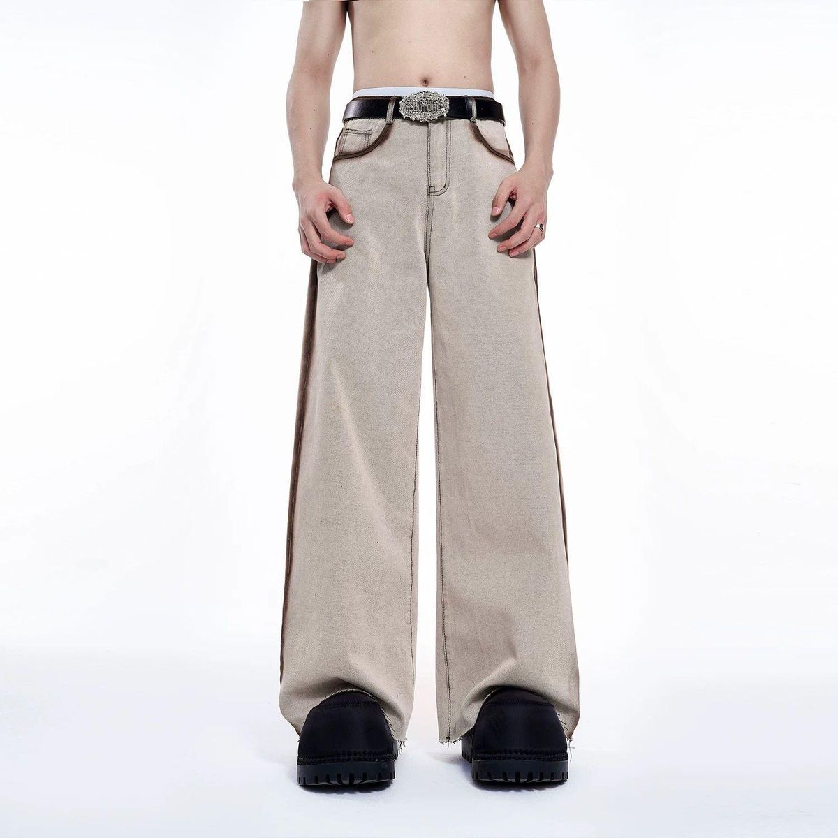 Men's Retro Washed Yellow Mud Dyed Slim Fit Jeans Elastic Waist Straight Casual Trousers Trendy Streetwear_mkmklike.com