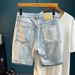 Men's Trendy Ripped Stretchy Slim Fit Jeans Mid Length Shorts Blue Korean Style Basic Straight Leg Embroidered Patches_mkmklike.com