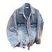 Men's Distressed Denim Jacket With Washed Effect Streetwear Style Workwear Coat, Loose Fit, Turn-Down Collar, Multiple Pockets, Casual Outerwear_mkmklike.com
