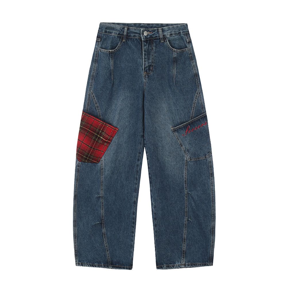 Men's Loose Cargo Jeans With Color Block Pockets, Unique Design, Split And Spliced Straight-Leg Trousers, Trendy_mkmklike.com