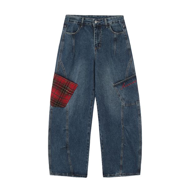 Men's Loose Cargo Jeans With Color Block Pockets, Unique Design, Split And Spliced Straight-Leg Trousers, Trendy_mkmklike.com